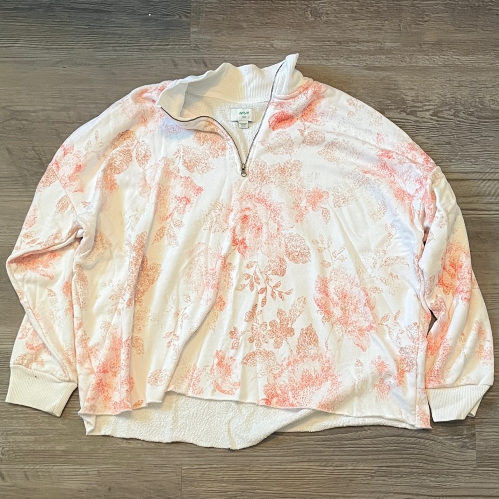 Aerie White and Pink Zip-Up Sweatshirt